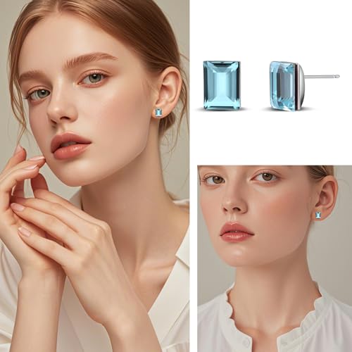 Rectangle Aquamarine Blue Crystal Sterling Silver Stud Earrings Sparkly Gemstone Dainty Fashion Jewelry for Women