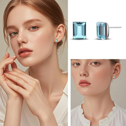 Rectangle Aquamarine Blue Crystal Sterling Silver Stud Earrings Sparkly Gemstone Dainty Fashion Jewelry for Women