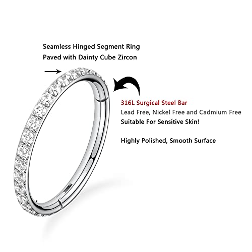 FUNLMO 20G 18G 16G 12G Nose Ring Hoop Conch Rook Daith Helix Tragus Piercing Jewelry 316L Surgical Steel Cartilage Earring Conch Hoop Earring Septum Jewelry Belly Lip Ring 5mm to 14mm - color: Silver-Clear CZ, 1pc