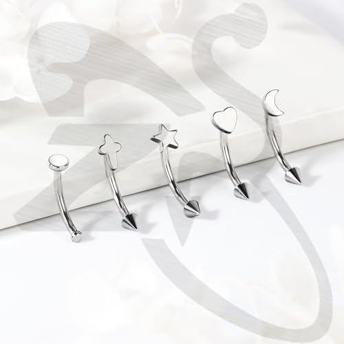 ZS 5Pcs Stainless Steel Eyebrow Rings, 16G Curved Belly Rings Navel Barbell Helix Daith Tragus Earrings Spike Vertical Labret Lip Piercing Jewelry - color: Sliver,L:10mm
