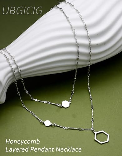 UBGICIG Honeycomb Layered Necklaces for Women Stackable, Dainty Layering Pendant Necklace Non Tarnish, Trendy 16K Plated Silver Gold Necklace Stack Chain Women's Fashion Jewelry - color: Layered Honeycomb-Silver Color