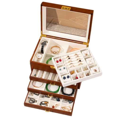 Bescott 5 Layer Solid Wooden Jewelry Box with Lock and Key for Women Men Vintage Velvet Wood Jewelry Organizer Storage for Earrings Rings Necklaces Bracelet Watch Mother’s Day Gift - color: Beige velvet, size: 5 Layer(11"X7.9"X7.9")