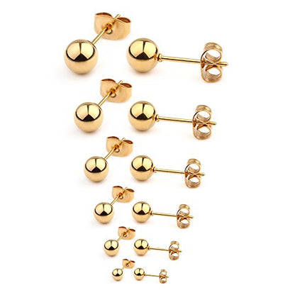 20G Stainless Steel Ball Stud Earrings for Men Women Round 3-8mm 6Pairs - color: 6Pairs - Gold