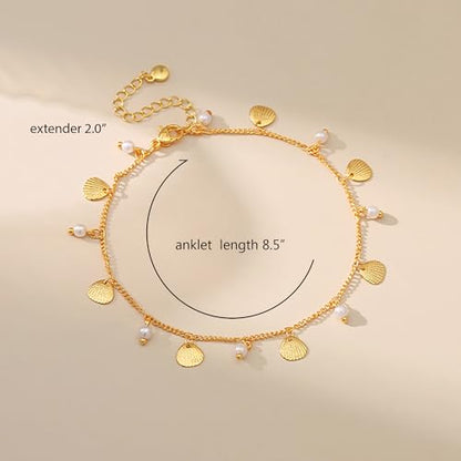 Sonateomber Gold Waterproof Ankle Bracelets for Women, Dainty Cute Adjustable Foot Non tarnish Anklets Summer Beach Jewelry Gifts - color: Shell