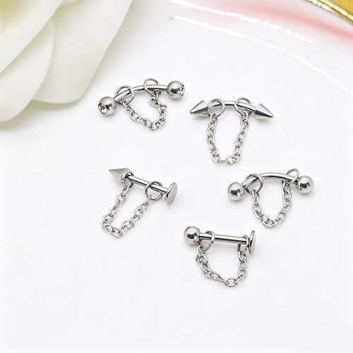 5 Pcs 316L 16G Lip Rings Snake Bite Jewelry Eyebrow Rings Tragus Helix Rook Piercing Jewelry with Chain, Stainless Steel Cartilage Earrings, Belly Button Ring Vertical Labret Lip Piercing Set - color: Silver:8mm