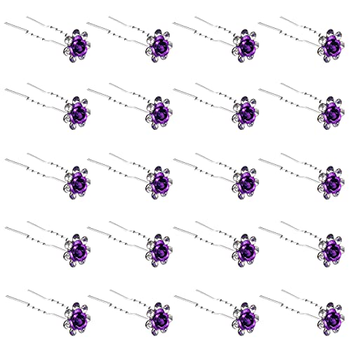 QIUTIMIY 20 Pack (Purple) Crystal Hair Pins Rose Flower Rhinestone Hair Clips for Bridal Wedding Women Hair Jewelry Accessories, with Clear Container - color: Rose Flower-Purple