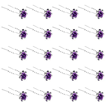 QIUTIMIY 20 Pack (Purple) Crystal Hair Pins Rose Flower Rhinestone Hair Clips for Bridal Wedding Women Hair Jewelry Accessories, with Clear Container - color: Rose Flower-Purple