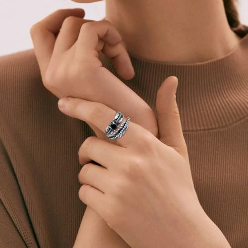 AVECON S925 Sterling Silver Turquoise/Labradorite/Just Breathe/Onyx Rings | Hypoallergenic Adjustable Open Feather Gift Women Men Thumb Spoon Statement Western Band Jewelry for Anniversary - color: Custom-Black Onyx