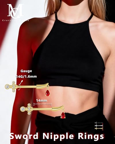 Sword Nipple Rings 316L Stainless Steel Dangle Nipple Piercing Jewelry 14G Dagger Nipple Barbells 14mm Nipple Piercing Rings - color: Gold