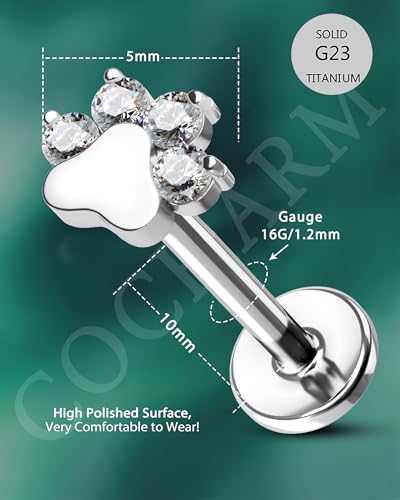 G23 Titanium Cartilage Earring Stud for Helix 16g Flat Back Dog Paw Cartilage Piercing Jewelry Front Top Screw Helix Tragus Earrings - color: Paw-10mm