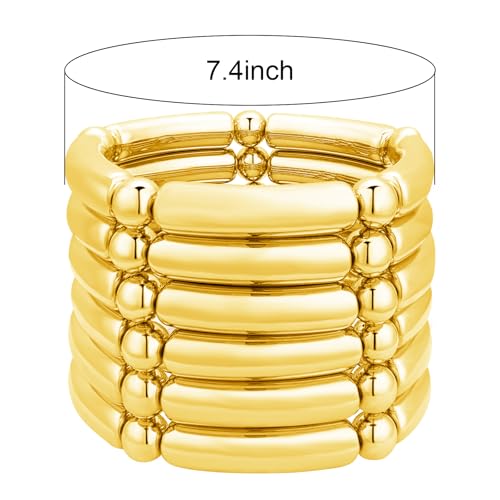 YBMYCM 5PCS Gold Chunky Bangles Bracelets for Women | 14k Gold Plated Stackable Layered Curved Bamboo Tube Stretch Bracelets Bangle Gift Jewelry - color: 6pcs G-8mm