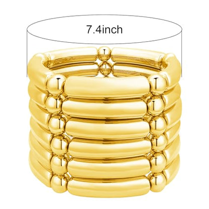 YBMYCM 5PCS Gold Chunky Bangles Bracelets for Women | 14k Gold Plated Stackable Layered Curved Bamboo Tube Stretch Bracelets Bangle Gift Jewelry - color: 6pcs G-8mm