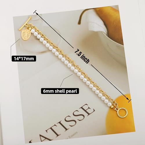 PEARLADA 18k Gold Plated Chain Layerd Bracelet Coin Charm Toggle Bracelet Trendy Cubic Zirconia Jewelry - color: Pearl + Chain