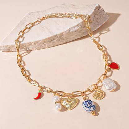 JNF Cute Shell Conch Boho Charm Necklace for Women Sun Moon Star Coin Heart Flower Boot Bow Charms Necklaces Summer Beach Jewelry - color: charm gold