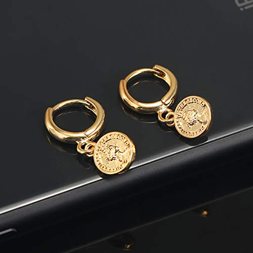XYJZXY Gold Huggie Small Hoop Earrings with Charm Personalized Snake/Evil Eye/Star/Cross/Lock/Key 18k Gold Plated Crystal Drop Dangle Earrings for Women - style: Coin