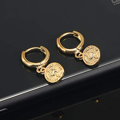 XYJZXY Gold Huggie Small Hoop Earrings with Charm Personalized Snake/Evil Eye/Star/Cross/Lock/Key 18k Gold Plated Crystal Drop Dangle Earrings for Women - style: Coin