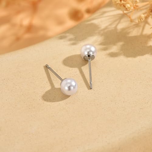 Pearl Stud Earrings for Women Gold/Silver Plated 3mm 4mm 5mm 6mm 8mm Pearl Earrings Dainty Hypoallergenic Earrings - color: White Gold, size: 6 Millimeters