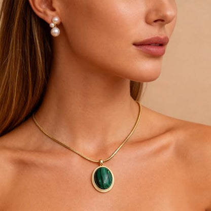 Sonateomber Gold Stone Pendant Necklace for Women, Chunky Statement Dainty Heart Oval Natural Gemstone Dangle Necklaces Wedding Prom Accessories Fashion Jewelry Gift - color: Green Malachite