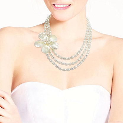 Floral Mother of Pearl on Triple Strand of Cultured Freshwater White Pearl Layered Necklace