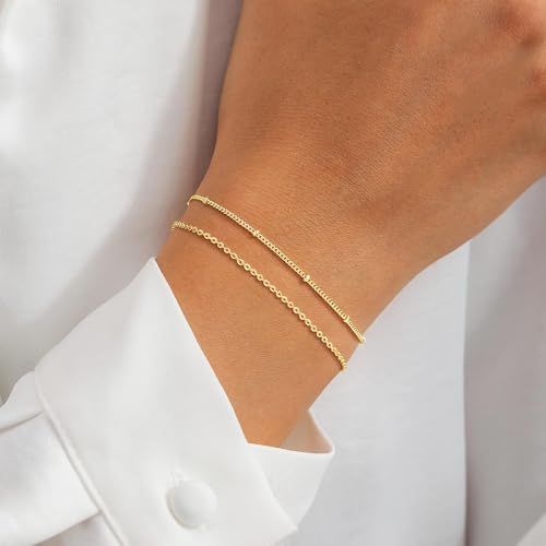 Turandoss Bracelets for Women Trendy | 14K Gold Plated, Dainty CZ Satellite Beads Heart Bracelet Stackable Link Chain Butterfly Bracelet Set Jewelry Gifts - color: Simple Beaded Link Bracelet