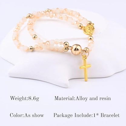GAUEIOUR Catholic Rosary Beaded Bracelet for Women,Christian Prayer Beads with Alloy Cross & Virgin Mary Charm,Religious Faith Jewelry