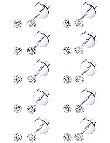 Tornito 10 Pairs Tiny Cartilage Stud Earrings Stainless Steel Small Round CZ Ball Barbell Stud Earrings Tragus Piercing Earring Set for Men Women Screw Flat Back 20G - style: A:10 Pairs,CZ