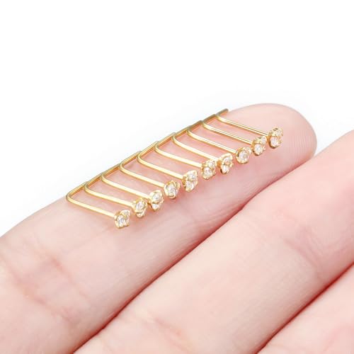 Nose Studs Surgical Steel Nose Rings Studs with Cubic Zirconia 10Pcs Tiny Nostril Rings for Women Screw Bone and L-Shaped Nostril Piercing Jewelry 24G 22G 20G 18G - color: goldtone,L shaped nose studs, size: 22g,2.0mm Clear CZ