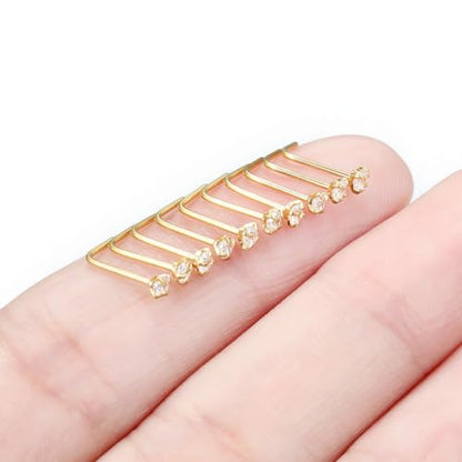 Nose Studs Surgical Steel Nose Rings Studs with Cubic Zirconia 10Pcs Tiny Nostril Rings for Women Screw Bone and L-Shaped Nostril Piercing Jewelry 24G 22G 20G 18G - color: goldtone,L shaped nose studs, size: 22g,2.0mm Clear CZ