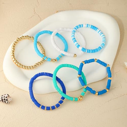 GOOJIDS Surfer Heishi Clay Bead Bracelets for Women Bohemian Stackable Gold Plated Beaded Stretch Bracelets Elastic Layering Friendship Bracelets Set Boho Jewelry - color: B-Blue New Set
