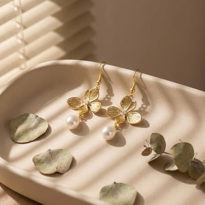 BELLA-Bee Gold Plated Flower Drop Earrings for Women, Dangle Earrings with Pearl, Hypoallergenic Gold Earrings for Sensitive Ears, Elegant Jewelry Gifts - color: 14K Gold plated Flower-1