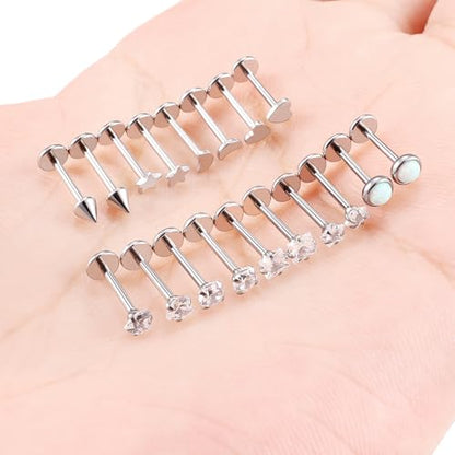 Threadless Noses Rings, Flat Back Earrings, 20/18/16g-Gauge 5/16in-Post 3mm-Top, Hypoallergenic Surgical Steel Medusa Lip Labret Cartilage Helix Tragus Conch Piercing Jewelry for Women Men - color: White, size: 18g*8mm