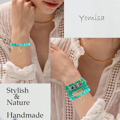 Yomisa Boho Beaded Bracelets/Bangle for Women,Multilayer 5/6/7PCS Healing Natural Handmade Stone Bead Bracelets Stackable Stretch Friendship Beaded Bracelet Set Trendy Western Bohemian Jewelry Gift - color: 5pcs-Green