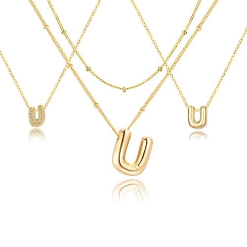 stino 4PCs Bubble Initial Letter Necklace Set, No Tarnish 14K Gold Plated Alphabet Pendant, Jewelry for Women - style: U