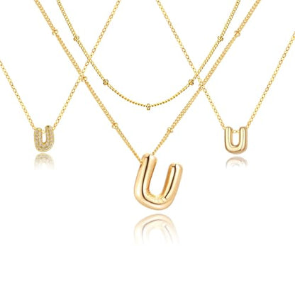 stino 4PCs Bubble Initial Letter Necklace Set, No Tarnish 14K Gold Plated Alphabet Pendant, Jewelry for Women - style: U