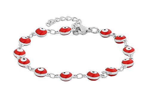 Women's Charm Enamel Evil Eye Protection Link Chain Bracelet - color: Silver,Red