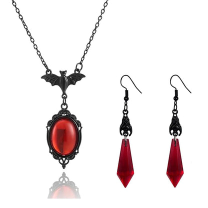ONLYJUMP Gothic Vampire Bat Earrings Necklace Set for Women Vintage Goth Dark Bat Earrings Blood Pendant Necklaces Mystic Witch Halloween Costume Jewelry Gifts - style: Red bat