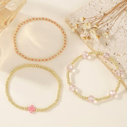 14K Gold Plated Beaded 3Pcs Stack Bracelets for Women, Dainty Trendy Freshwater Stackable Pearl Paperclip Cross Chain Gold Balls Stretch Accessories Jewelry Vacation Gift - color: pink