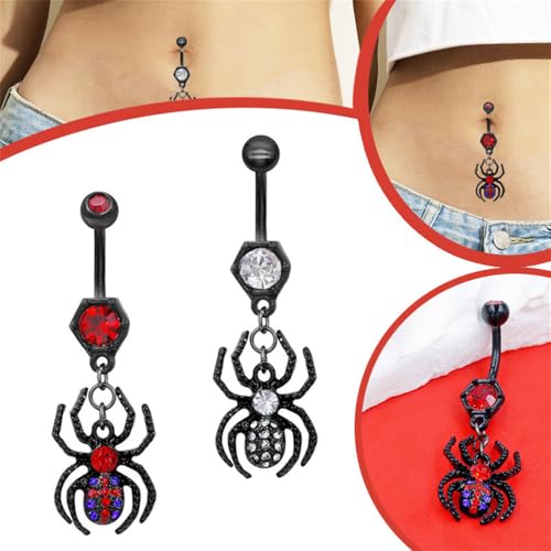 14G Black Spider Dangle Belly Button Ring for Women Rhinestone Crystal with Gothic Dangling Spider Belly Navel Rings Halloween Body Piercing Jewelry - color: Red