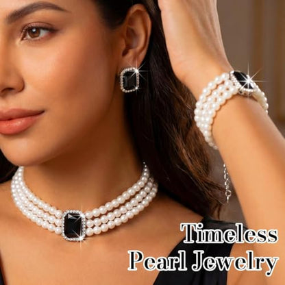 Brishow Pearl Necklace Jewelry Set Wedding Pearls Earrings Necklaces Set Bridal Crystal Bracelet Jewelry for Women (Pack of 3) - color: Black, size: 3 Layered