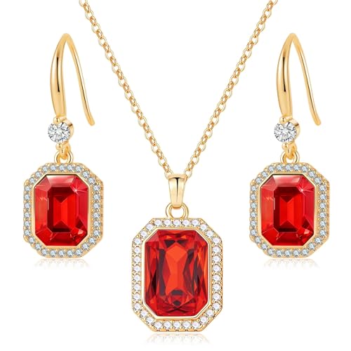 EVEVIC Octagon Austrian Crystal Necklace and Earrings Jewelry Set for Women | 14K Gold-Plated,Octagon-Cut Crystal with CZ Halo Shine,Adjustable Chain Fit,Elegant Sets for Weddings and Galas,Gift Box - color: Red