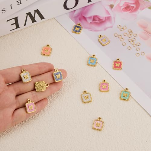 9PCS Colorful Enamel Charm for Jewelry Making Gold Plated Stainless Steel Butterfly Charms Pendants Bulk - color: Square Butterfly