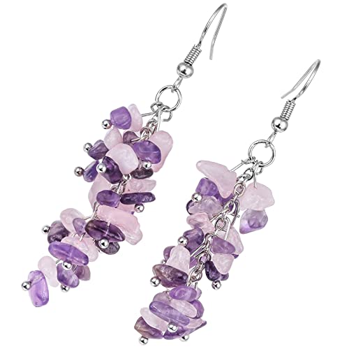 Nupuyai Natural Tumbled Stones Earrings for Women, Reiki Healing Crystal Long Dangle Hook Eardrop - color: #7-Purple & Pink