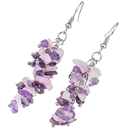 Nupuyai Natural Tumbled Stones Earrings for Women, Reiki Healing Crystal Long Dangle Hook Eardrop - color: #7-Purple & Pink