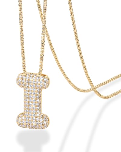 PAVOI 14K Gold Plated Cubic Zirconia Bubble Letter Initial Necklaces for Women | Gold Balloon Necklace Letter | Chunky Pendant Necklaces - style: -I