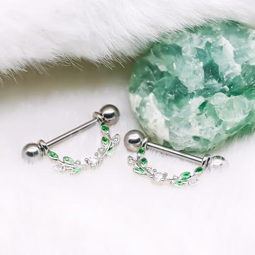 2pcs 14G Nipple Rings Flower Nipple Bars Surgial Steel 316L Nipple Piercing Jewelry Heart Nipple Barbell for Women - color: GREEN round