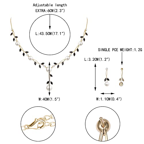 EVER FAITH Cubic Zirconia Pearl Leaf Vine Wedding Jewelry Set for Bride | Crystal Filigree Bridal Necklace Earrings, for Women Bridesmaid - color: 2pcs_Black Gold-Plated-Brass