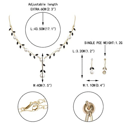 EVER FAITH Cubic Zirconia Pearl Leaf Vine Wedding Jewelry Set for Bride | Crystal Filigree Bridal Necklace Earrings, for Women Bridesmaid - color: 2pcs_Black Gold-Plated-Brass