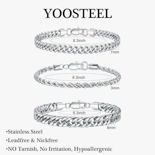 Yoosteel Silver Stackable Bracelets Stack for Men Non Tarnish | Stainless Steel Bracelet Stack, Cuban Rope Figaro Link Chain Bracelets Set, Men Trendy Jewelry Gifts, 3PCS, 7.5/8.3/9.0"