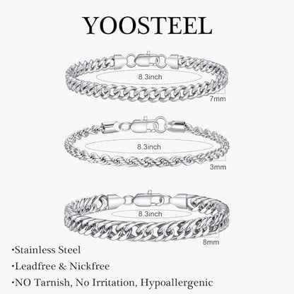 Yoosteel Silver Stackable Bracelets Stack for Men Non Tarnish | Stainless Steel Bracelet Stack, Cuban Rope Figaro Link Chain Bracelets Set, Men Trendy Jewelry Gifts, 3PCS, 7.5/8.3/9.0"