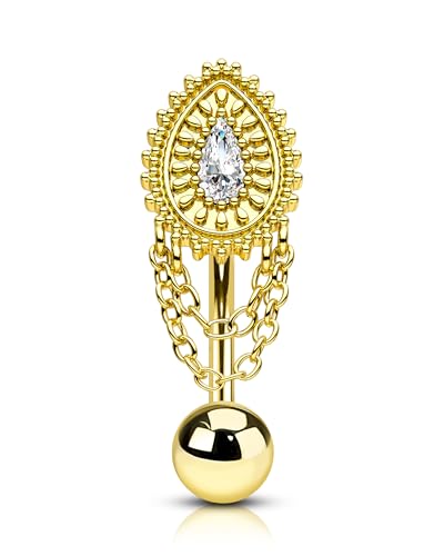 Belly Button Rings 14G Reverse Belly Navel Rings for Womne Gold Floating Navel Piercing Jewelry Stainless Steel - color: YG-Drop